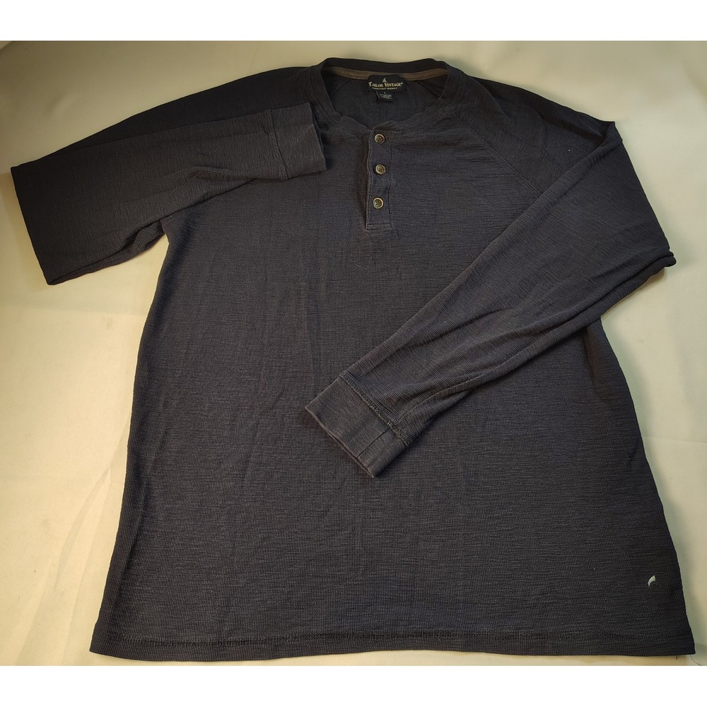 Tailor Vintage Mens Navy Blue Long Sleeve Henley Shirt Cotton Stretch Size L